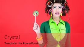 Presentation with lollipop - Slide deck with portrait-of-a-funny-woman background and a red colored foreground