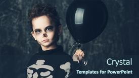  Presentation with balloon - Amazing PPT theme having portrait of a funny little boy in a costume of skeleton holding black balloon happy halloween backdrop and a navy blue colored foreground