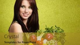 Presentation with hands holding - PPT theme consisting of portrait of a girl holding in hands full of different fruits and vegetables background and a gold colored foreground