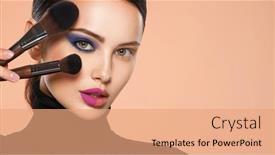  Presentation with natural cosmetic - Presentation design featuring portrait-of-a-girl background and a coral colored foreground