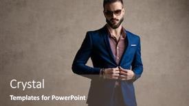  Presentation with formal jacket - Presentation design with portrait of a good looking formal business man wearing a navy suit and sunglasses fixing jacket and looking at camera confident against gray studio background background and a gray colored foreground