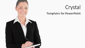 Presentation with good - Amazing presentation theme having portrait of a good looking woman in suit writing on a notebook while standing against a white background backdrop and a white colored foreground