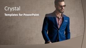  Presentation with navy - Presentation theme featuring portrait of a gorgeous formal business man wearing a navy suit and sunglasses standing with one hand in pocket and looking away pensive against gray studio background background and a gray colored foreground