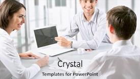  Presentation with business group meeting - Amazing presentation theme having portrait of a group of business people working together at a meeting backdrop and a sky blue colored foreground