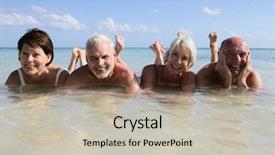  Presentation with seniors - PPT layouts featuring portrait of a group of smiling seniors bathing in the sea background and a soft green colored foreground