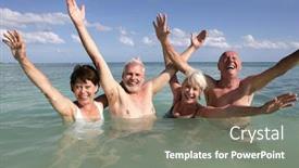  Presentation with seniors - Theme enhanced with portrait of a group of smiling seniors bathing in the sea background and a gray colored foreground