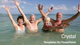  Presentation with seniors - Amazing PPT layouts having portrait of a group of smiling seniors bathing in the sea backdrop and a gray colored foreground