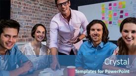  Presentation with coworkers - Amazing PPT theme having portrait of a group of coworkers during meeting in the office backdrop and a ocean colored foreground