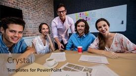  Presentation with coworkers - Slide set featuring portrait of a group of coworkers during meeting in the office background and a coral colored foreground