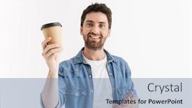  Presentation with takeaway coffee - Cool new theme with portrait of a handsome bearded man wearing casual clothes standing isolated over white background drinking takeaway coffee backdrop and a teal colored foreground