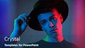  Presentation with casual young people - Presentation theme featuring portrait-of-a-handsome-brunet background and a ocean colored foreground