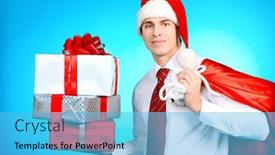  Presentation with christmas presents - Slide deck with portrait of a handsome business man in santa claus hat holding presents christmas background and a light blue colored foreground