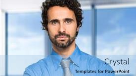  Presentation with office - Beautiful PPT theme featuring portrait-of-a-handsome-businessman backdrop and a light blue colored foreground