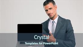  Presentation with laptop blank screen - Beautiful slide deck featuring portrait of a handsome businessman showing blank laptop computer screen isolated on a white background backdrop and a ocean colored foreground