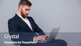  Presentation with office chair - PPT theme enhanced with portrait of a handsome businessman sitting on office chair and using laptop over gray background background and a ocean colored foreground