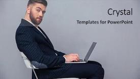  Presentation with office chair - Slide deck enhanced with portrait of a handsome businessman sitting on the office chair with laptop and looking at camera over gray background background and a light gray colored foreground