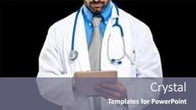  Presentation with using digital tablet - Presentation enhanced with portrait-of-a-handsome-doctor background and a  colored foreground