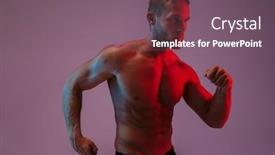  Presentation with muscular dystrophy name - PPT layouts with portrait of a handsome fit muscular shirtless sportsman standing isolated over background running background and a violet colored foreground