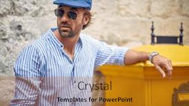  Presentation with traveler - PPT theme having portrait-of-a-handsome-male background and a gold colored foreground