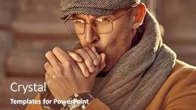  Presentation with city street - Audience pleasing presentation design consisting of portrait-of-a-handsome-mature backdrop and a tawny brown colored foreground