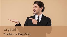  Presentation with space suit - Cool new slide deck with portrait of a handsome smiling young businessman wearing suit standing isolated over beige background presenting copy space backdrop and a coral colored foreground