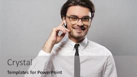  Presentation with wireless - Amazing slide deck having portrait of a handsome smiling young businessman wearing suit standing isolated over gray background listening to music with wireless earphones backdrop and a light gray colored foreground