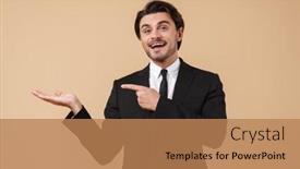  Presentation with space suit - Colorful PPT theme enhanced with portrait of a handsome smiling young businessman wearing suit standing isolated over beige background presenting copy space backdrop and a coral colored foreground