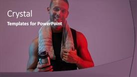  Presentation with bottle water - PPT theme consisting of portrait of a handsome smiling fit muscular sportsman standing isolated over background holding water bottle and a towel background and a gray colored foreground