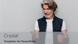  Presentation with takeaway coffee - PPT theme having portrait-of-a-handsome-smiling background and a light gray colored foreground