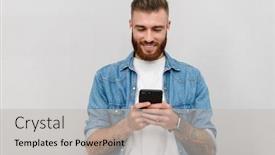  Presentation with man holding phone - PPT theme consisting of portrait-of-a-handsome-smiling background and a light gray colored foreground