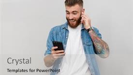  Presentation with man holding phone - Beautiful PPT layouts featuring portrait-of-a-handsome-smiling backdrop and a light gray colored foreground