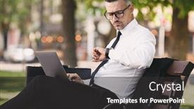  Presentation with formal - Audience pleasing PPT layouts consisting of portrait of a handsome young businessman dressed in formal clothes sitting outside on a bench and working on laptop computer backdrop and a dark gray colored foreground
