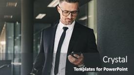  Presentation with looking glass - Presentation theme with portrait of a handsome young businessman dressed in suit with briefcase standing outside a glass building and looking at mobile phone background and a dark gray colored foreground