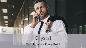  Presentation with formal jacket - Amazing presentation having portrait of a handsome young businessman dressed in formal clothes standing outside a glass building with jacket over his shoulder and talking on mobile phone backdrop and a light gray colored foreground