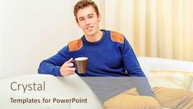  Presentation with tea coffee - Presentation theme with portrait of a handsome young man at home drinking tea or coffee and smiling at camera background and a lemonade colored foreground