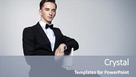  Presentation with black man fashion - PPT theme consisting of portrait of a handsome young man in elegant black suit and a bow-tie male beauty fashion studio shot background and a gray colored foreground