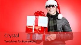  Presentation with christmas presents - Slide deck featuring man in santa claus hat background and a red colored foreground