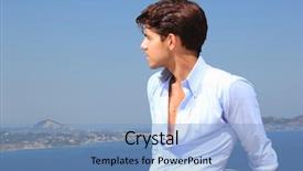  Presentation with sea sun - Slide deck featuring portrait of a handsome young man in the sun by the sea background and a light blue colored foreground