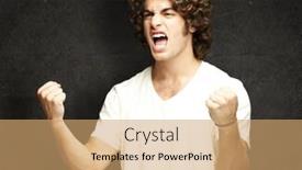  Presentation with winning - Amazing PPT layouts having portrait of a handsome young man winning against a grunge wall backdrop and a coral colored foreground