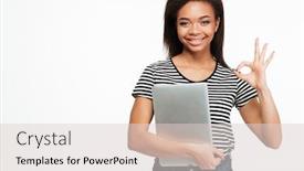  Presentation with teen girl - Slide deck with portrait of a happy afro american teen girl holding laptop and showing ok gesture isolated over white background background and a lemonade colored foreground