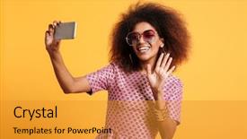  Presentation with retro television knobs isolated - Colorful presentation enhanced with portrait of a happy afro backdrop and a gold colored foreground