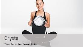  Presentation with weight - Theme with portrait of a happy asian fitness woman holding weight scales and looking at camera isolated over white background background and a light gray colored foreground