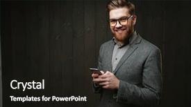  Presentation with man holding phone - Audience pleasing presentation theme consisting of portrait of a happy bearded man in casual suit holding mobile phone and looking at camera isolated on the black wooden background backdrop and a black colored foreground