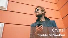  Presentation with man holding phone - Amazing slide deck having portrait of a happy bearded man dressed in coat standing against a wall on a city street and holding mobile phone backdrop and a coral colored foreground