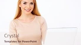  Presentation with happy smiling woman dental health - Presentation theme consisting of portrait of a happy blonde woman working on a laptop at her desk background and a lemonade colored foreground