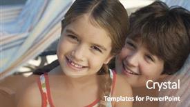  Presentation with sister - Presentation with portrait of a happy brother and sister smiling together while relaxing on deckchair background and a coral colored foreground