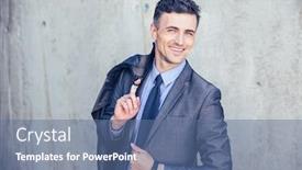 Presentation with shoulder - Cool new PPT theme with portrait of a happy businessman standing over concrete wall and holding jacket on shoulder looking at camera backdrop and a ocean colored foreground