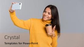 Presentation with takeaway coffee - Audience pleasing theme consisting of portrait of a happy casual young woman isolated over gray background holding takeaway coffee taking a selfie with mobile phone backdrop and a gold colored foreground