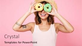  Presentation with donuts pink - Colorful slide deck enhanced with portrait of a happy cheerful woman in summer hat holding donuts at her eyes isolated over pink background backdrop and a lemonade colored foreground