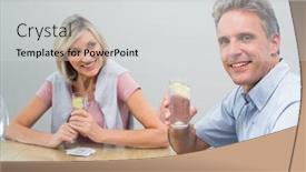  Presentation with juices - Presentation theme enhanced with portrait of a happy couple with lime juices while playing cards at home background and a light gray colored foreground